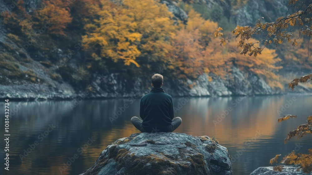 A man meditates on a rock overlooking a still lake with colorful autumn foliage in the background. A man meditates on a rock overlooking a still lake with colorful autumn foliage in the background.