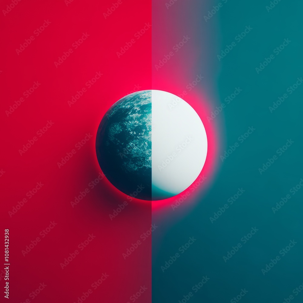 A 3D rendering of a half-blue planet in a red and blue background. A 3D rendering of a half-blue planet in a red and blue background.