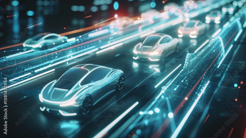 Futuristic self driving cars are using ai and autopilot on a smart road at night, showing the potential of autonomous vehicles and the future of transportation Futuristic self driving cars are using ai and autopilot on a smart road at night, showing the potential of autonomous vehicles and the future of transportation