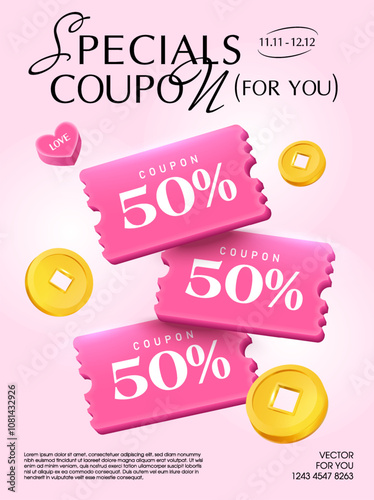 Flying 3d pink minimal coupons with coupon code, golden coins, percent price off, isolated on gradient background as a banner template. Discount voucher poster for promotion campaign. 3d vector coupon