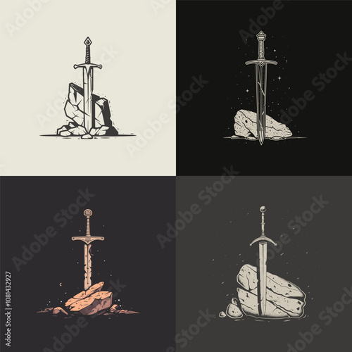 sword stuck in stone logo design vector vintage