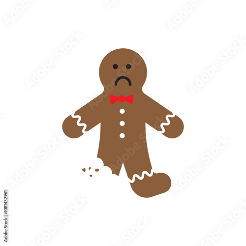 Broken gingerbread man. Sad cookie figure. Christmas icon design. Vector holiday illustration.