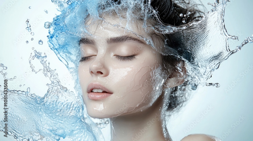 Radiant glow: stunning young woman surrounded by splashes of water, essence of skincare and beauty, refreshing effects of hydration on her flawless complexion and youthful allure. Radiant glow: stunning young woman surrounded by splashes of water, essence of skincare and beauty, refreshing effects of hydration on her flawless complexion and youthful allure.