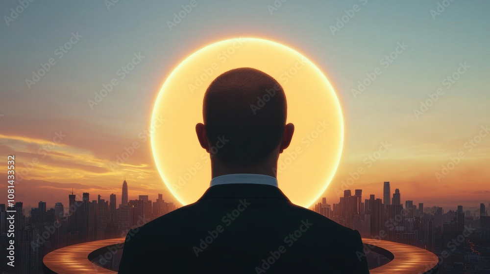 A silhouetted figure in a suit stands against a vibrant sunset, with a large golden sun casting a warm glow over a city skyline. A silhouetted figure in a suit stands against a vibrant sunset, with a large golden sun casting a warm glow over a city skyline.