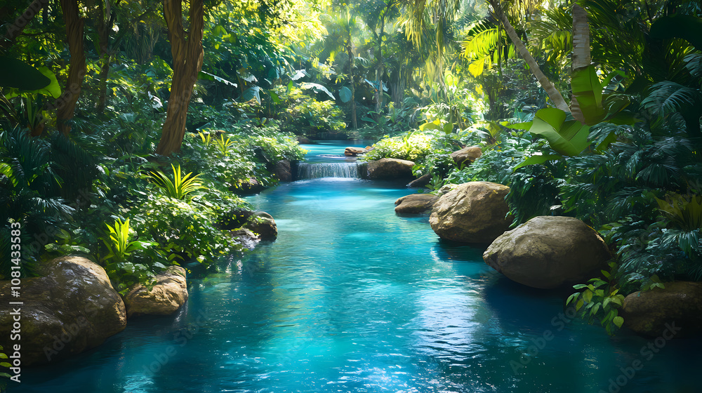 Naklejka premium A tranquil teal stream winding its way through lush greenery, its soothing babble harmonizing with nature's tranquility. Baroque. Illustration