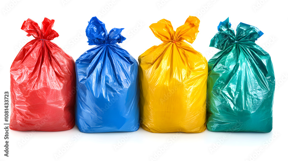 Four colorful garbage bags lined up in a row. Four colorful garbage bags lined up in a row.