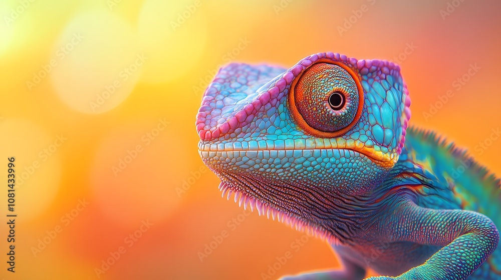 A close-up portrait of a vibrant blue chameleon with an orange eye, set against a warm, blurred background. A close-up portrait of a vibrant blue chameleon with an orange eye, set against a warm, blurred background.