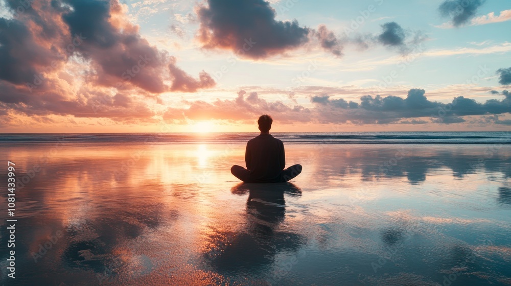A man sits in lotus pose on a sandy beach at sunset, with the ocean behind him. The setting sun is reflected in the water, and the sky is full of colorful clouds. A man sits in lotus pose on a sandy beach at sunset, with the ocean behind him. The setting sun is reflected in the water, and the sky is full of colorful clouds.