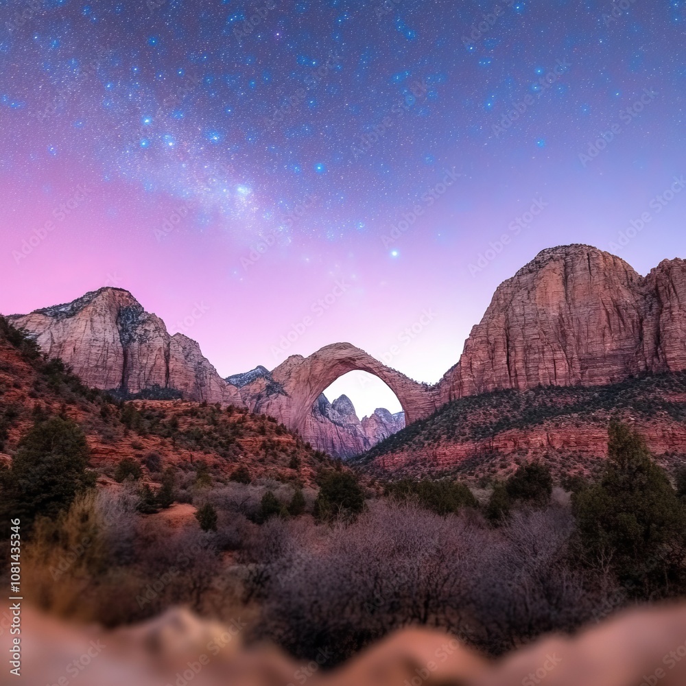 Obraz premium A natural archway framed by mountains with the Milky Way in the night sky.