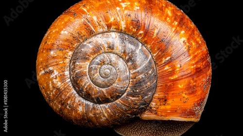 A close-up of a snail shell with a spiral pattern.