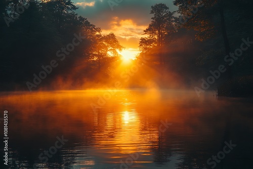 Golden sunrise over a misty lake with trees silhouetted in the foreground