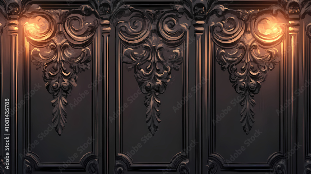 Ancient walls with ornate engravings and dark gradients lit by dim flickering light. Baroque. Illustration Ancient walls with ornate engravings and dark gradients lit by dim flickering light. Baroque. Illustration