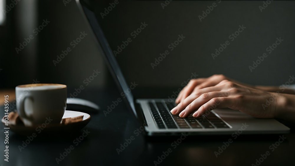 Person using a laptop next to a coffee cup on a dark table. Person using a laptop next to a coffee cup on a dark table.