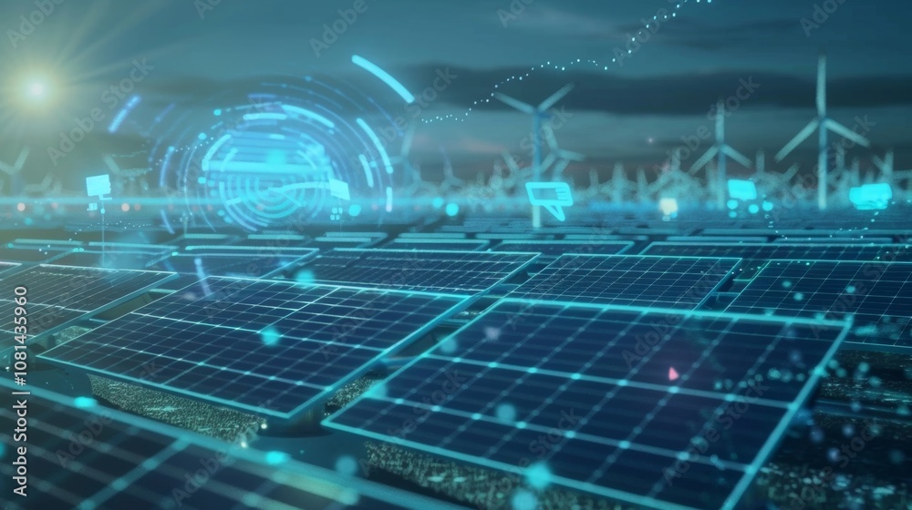 A renewable energy park with a variety of solar panel installations all equipped with 5G connectivity for efficient energy management and production.