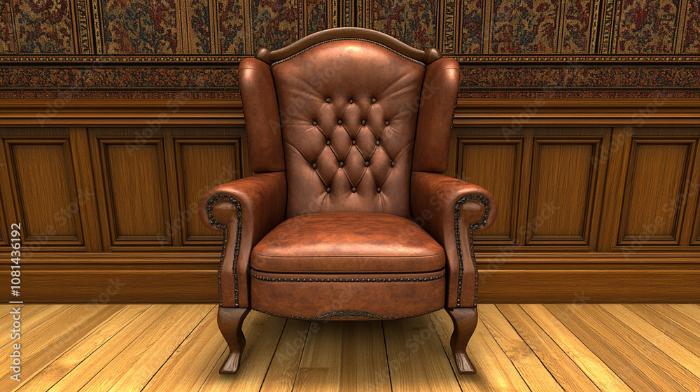 A brown leather armchair with a tufted design, sitting in front of a wood paneled wall with a patterned wallpaper. A brown leather armchair with a tufted design, sitting in front of a wood paneled wall with a patterned wallpaper.
