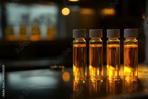 Glass Bottles with Orange Liquid on Table