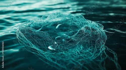 A fishing net floating in the water with a few caught fish tangled inside, in a calm sea setting photo