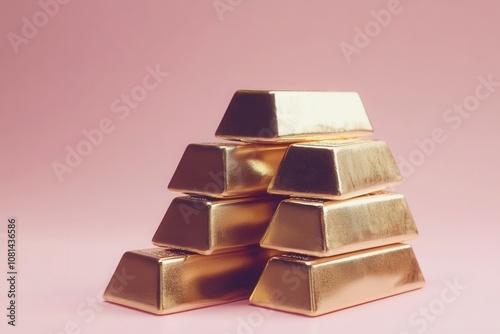 Glimmering Stacks of Gold Bars Displayed Against a Soft Pink Background, Representing Wealth, Luxury, and Financial Success in an Elegant and Modern Style photo