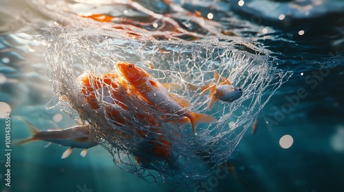 A fishing net floating in the water with a few caught fish tangled inside, in a calm sea setting photo