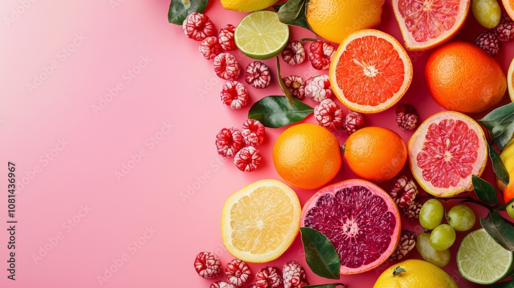 Fresh assortment of citrus fruits and berries on pink background Fresh assortment of citrus fruits and berries on pink background