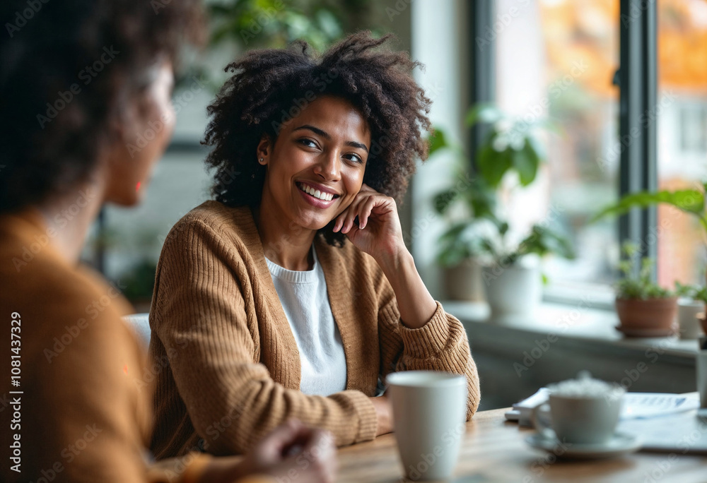 Portrait of a Smiling Woman in Cozy Cafe Having a Friendly Conversation Portrait of a Smiling Woman in Cozy Cafe Having a Friendly Conversation