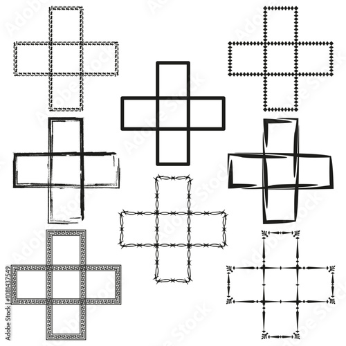 Decorative cross symbols. Artistic cross designs. Hand drawn crosses. Unique cross shapes.