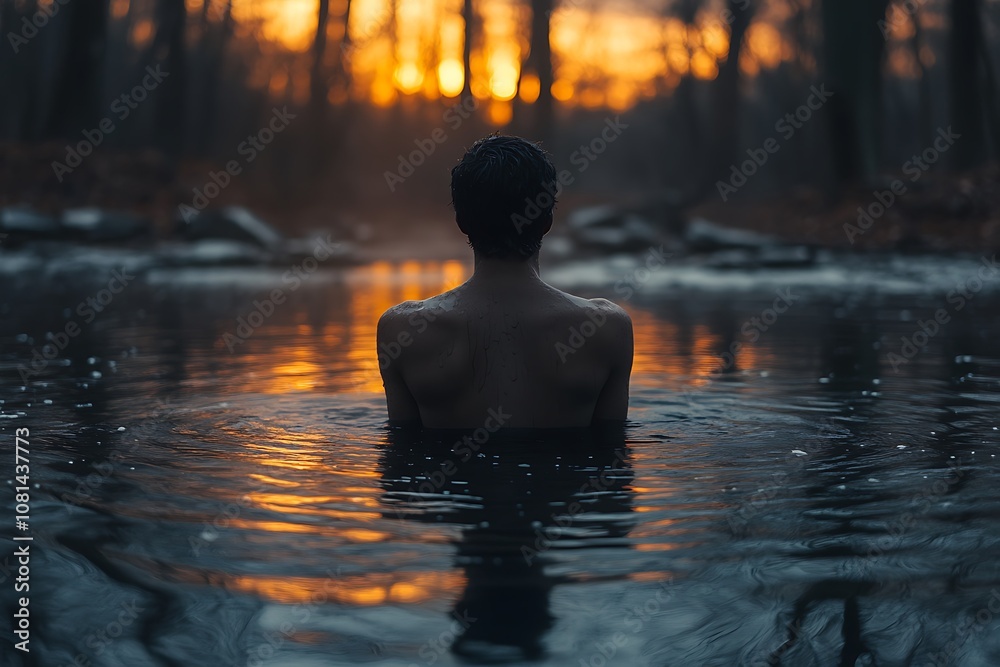 Silhouette of man sitting in a natural hot spring with forest fire in the background Silhouette of man sitting in a natural hot spring with forest fire in the background