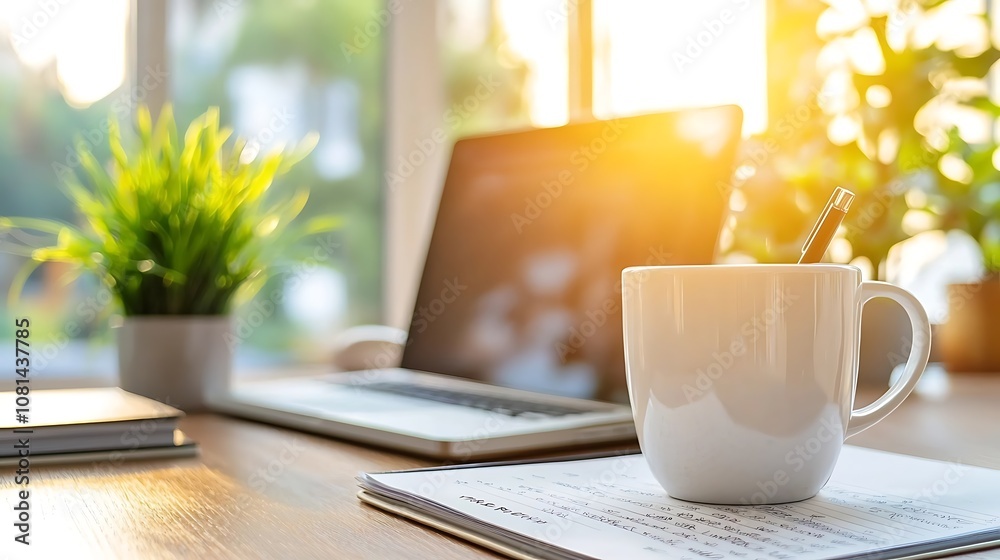 Cozy and Productive Home Office Workspace with Laptop Coffee Mug and Potted Plants by Bright Window  Ideal for Remote Work Study or Freelance Creative Projects