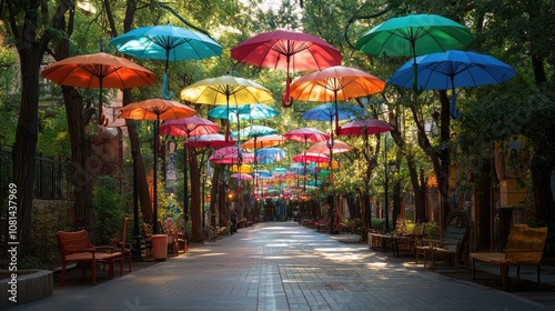 Wallpaper Mural A colorful, whimsical walkway with umbrellas strung overhead creates a vibrant and cheerful atmosphere. Torontodigital.ca