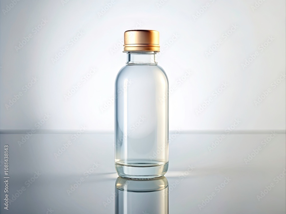 Clear Bottle with White Cap on White Background - Minimalist Product Photography, Tilt-Shift Effect, Clean Design, Studio Shot, Beverage Container, Packaging, Advertising, Commercial Use Clear Bottle with White Cap on White Background - Minimalist Product Photography, Tilt-Shift Effect, Clean Design, Studio Shot, Beverage Container, Packaging, Advertising, Commercial Use