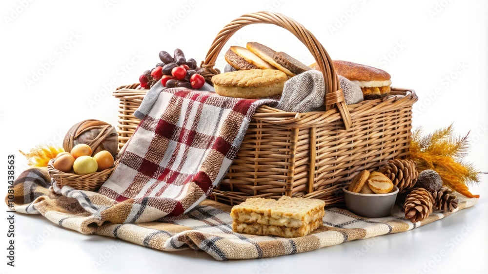 Cozy Gathering with Wicker Picnic Basket and Plaid Blanket on White Background for Outdoor Fun and Leisure Activities Cozy Gathering with Wicker Picnic Basket and Plaid Blanket on White Background for Outdoor Fun and Leisure Activities
