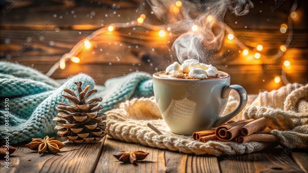Fototapeta premium Cozy Hot Chocolate Moment with Marshmallows and Steam Swirls in a Peaceful Winter Beverage Scene, Ideal for Seasonal Celebrations and Warm Comforting Vibes
