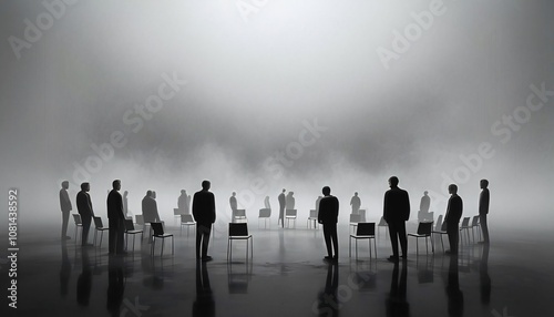 Monochromatic group meeting, scene images, separated by commas
silhouettes, minimalist, circular arrangement, meeting space, shadow play, modern architecture, black and white, empty chairs, group ther