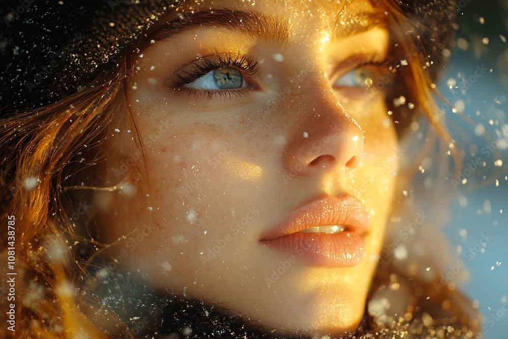 Closeup portrait of beautiful young woman with blue eyes in winter landscape, snow falling on her face, sunlight shining behind her. Concept of beauty, winter, cold, nature Closeup portrait of beautiful young woman with blue eyes in winter landscape, snow falling on her face, sunlight shining behind her. Concept of beauty, winter, cold, nature