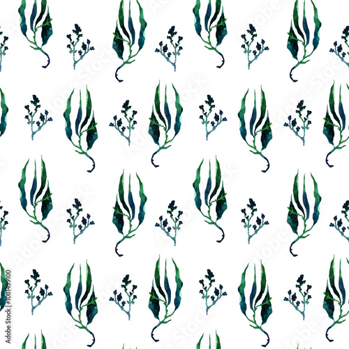Seamless pattern with stylized watercolor leaves. Floral endless pattern filled with green and blue leaves. Watercolor hand drawn illustration on white background.Ideal for wallpaper, textile print.