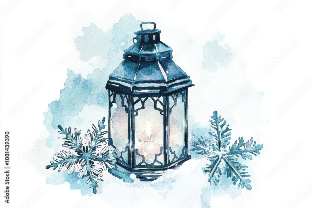 beautiful watercolor illustration of lantern surrounded by snowflakes, evoking cozy winter atmosphere. soft blue tones enhance serene feeling of scene beautiful watercolor illustration of lantern surrounded by snowflakes, evoking cozy winter atmosphere. soft blue tones enhance serene feeling of scene