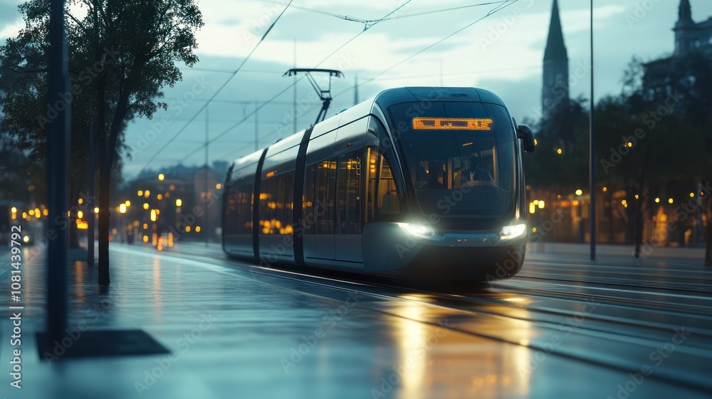 Obraz premium Modern Tram in City Evening