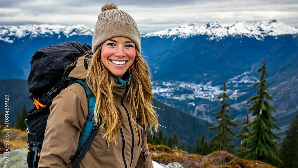 A woman smiles while wearing a backpack and looking out at a mountain range A woman smiles while wearing a backpack and looking out at a mountain range
