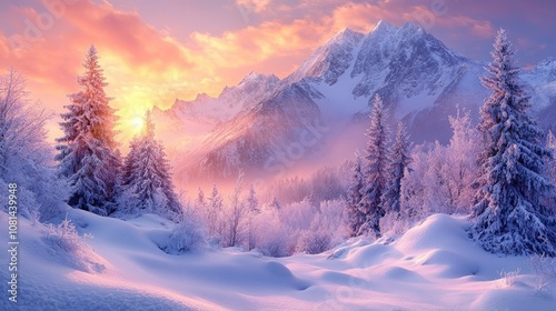 A stunning sunrise illuminates a snow-covered mountain range with a frosty forest in the foreground.