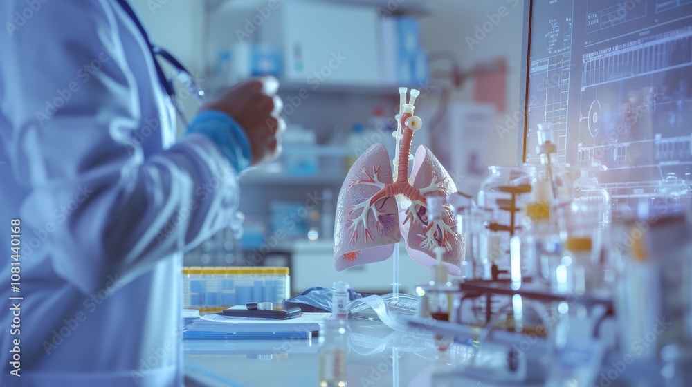 Close-up of scientist examining lung model with asthma symptoms, surrounded by medical research tools and charts in well-lit laboratory. Medical research, asthma study, and scientific investigation co Close-up of scientist examining lung model with asthma symptoms, surrounded by medical research tools and charts in well-lit laboratory. Medical research, asthma study, and scientific investigation co