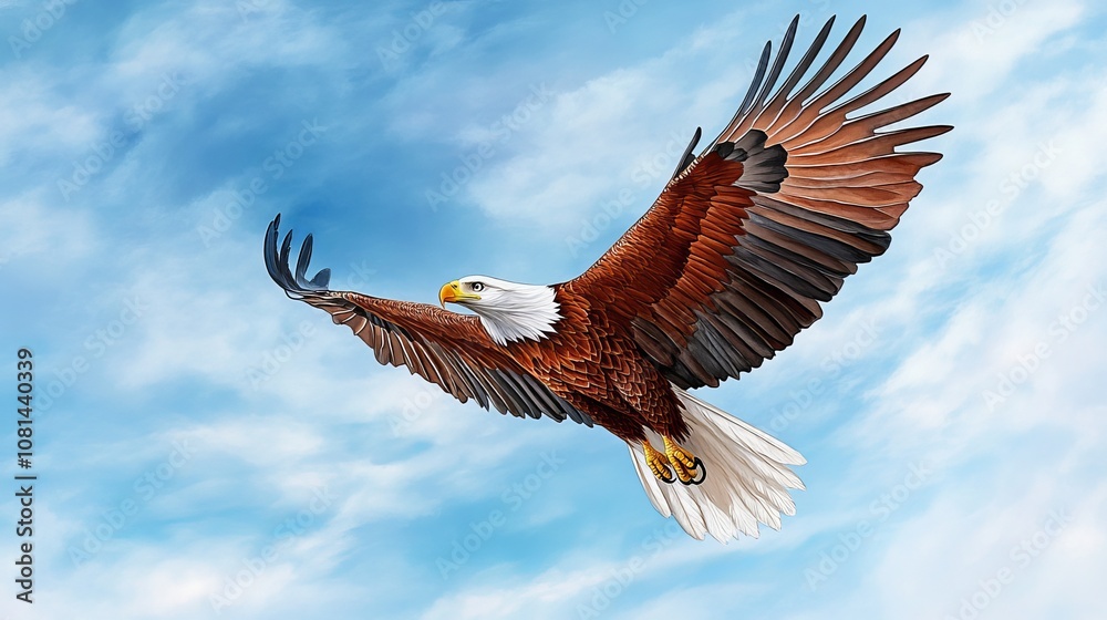 Fototapeta premium Majestic Bald Eagle Soaring High in Blue Sky Wildlife Photography