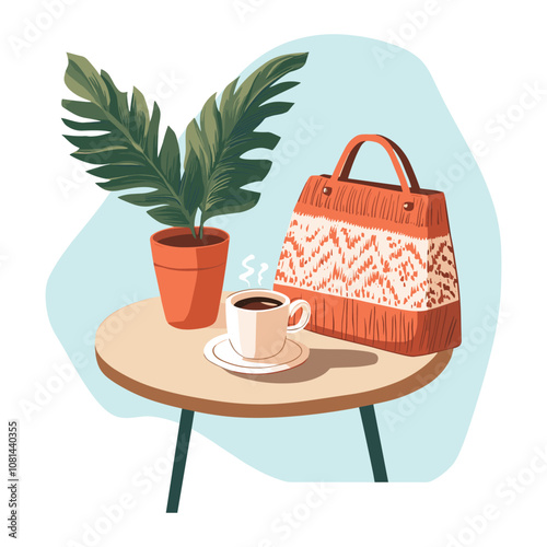 Cozy Home Decor with Potted Plant and Bag on Table