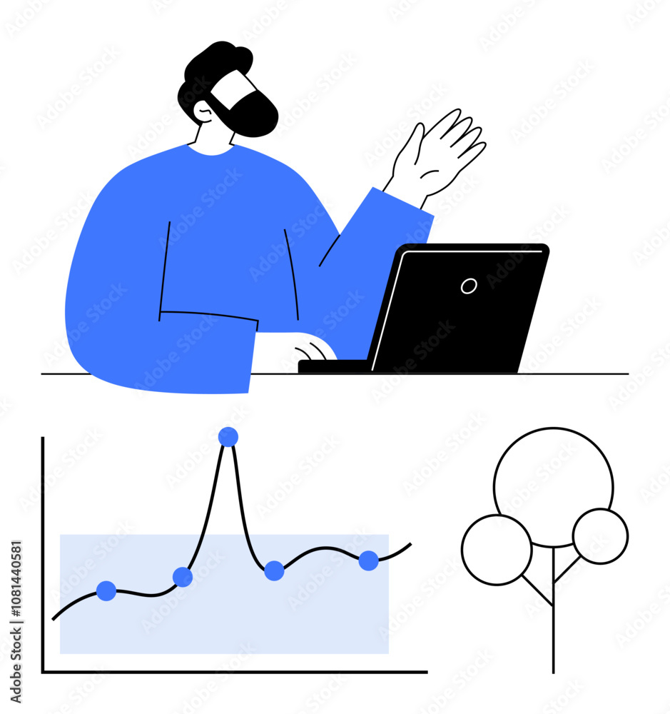 Man in blue shirt with laptop chart with nodes and abstract tree. Ideal for business, data analysis, sustainability, technology, innovation, growth, modern design. Line metaphor