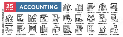 Accounting  icon collection set. Containing design Bank, Office, Take Note, World Financial, Business