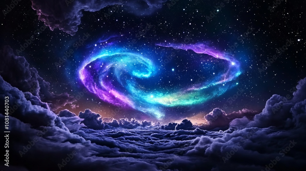 Fototapeta premium Cosmic Nebula Swirl Above Cloudscape Night Sky Fantasy