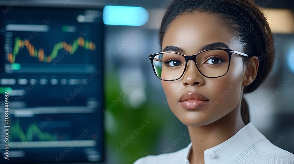 Focused young African American businesswoman with eyeglasses analyzing financial market charts and investment reports on computer monitor in modern office workspace Focused young African American businesswoman with eyeglasses analyzing financial market charts and investment reports on computer monitor in modern office workspace