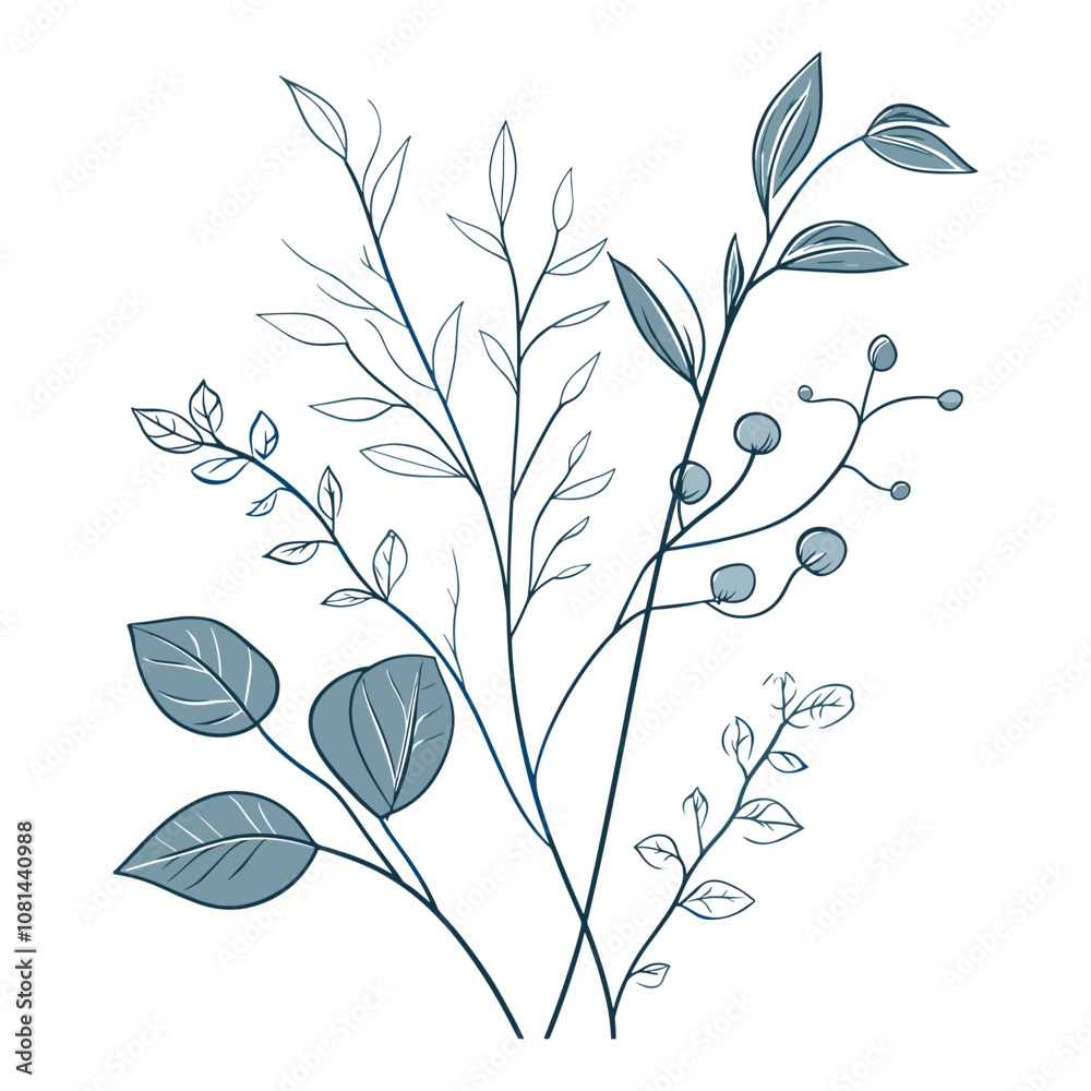 Naklejka premium Minimalist Botanical Design with Blue and Green Leaves