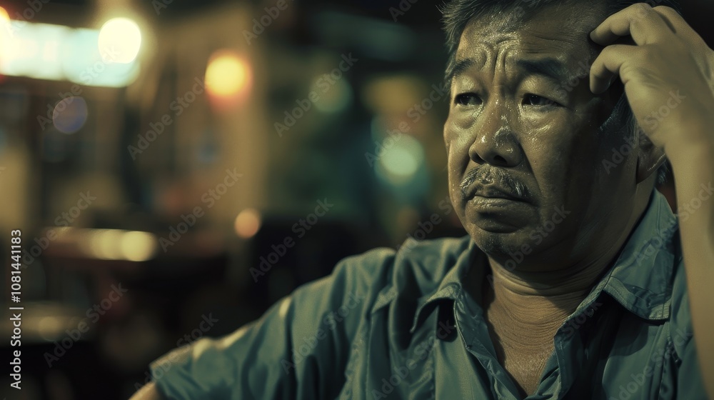 Middle-aged man sitting alone in a quiet room, holding his head with one hand, looking stressed and concerned. Emotional state of solitude and introspection. Middle-aged man sitting alone in a quiet room, holding his head with one hand, looking stressed and concerned. Emotional state of solitude and introspection.