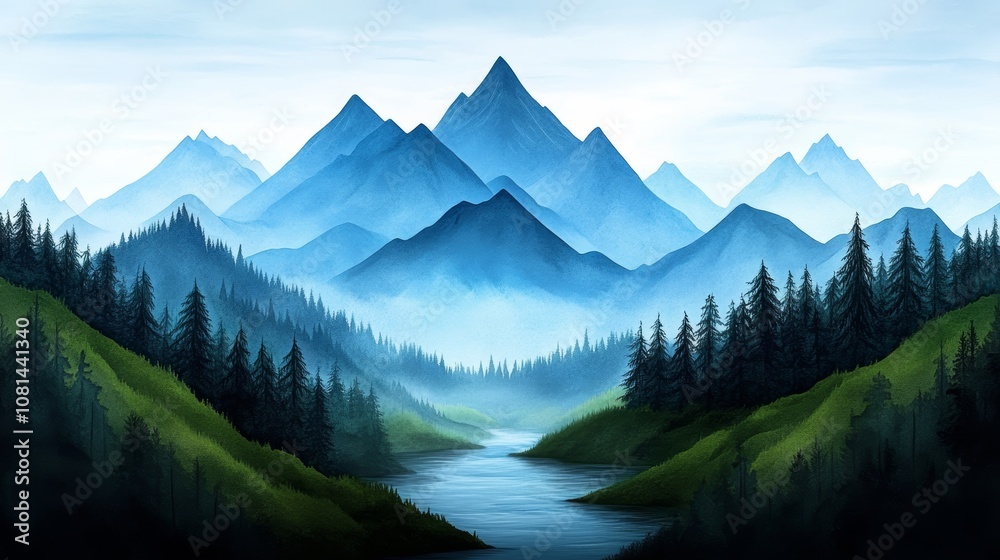 Obraz premium Serene Blue Mountains Landscape Misty Peaks River Forest Nature Scene