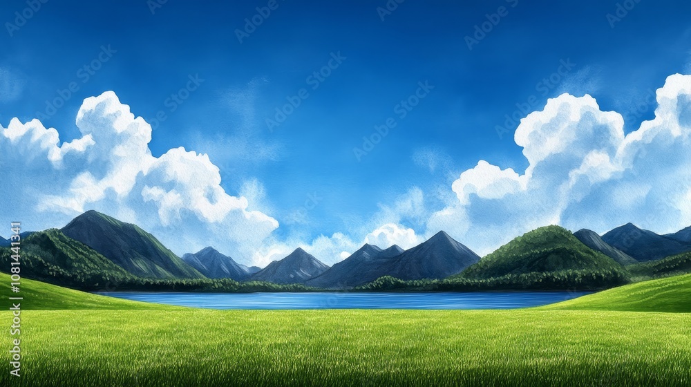 Obraz premium Serene Landscape Mountains Lake Green Field Blue Sky Clouds